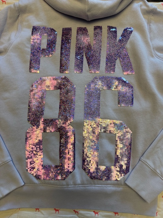 VS PINK VINTAGE Y2K FUR LINED ZIP HOODIE SWEATSHIRT PURPLE 86 BLING LOGO RARE S - Picture 3 of 11